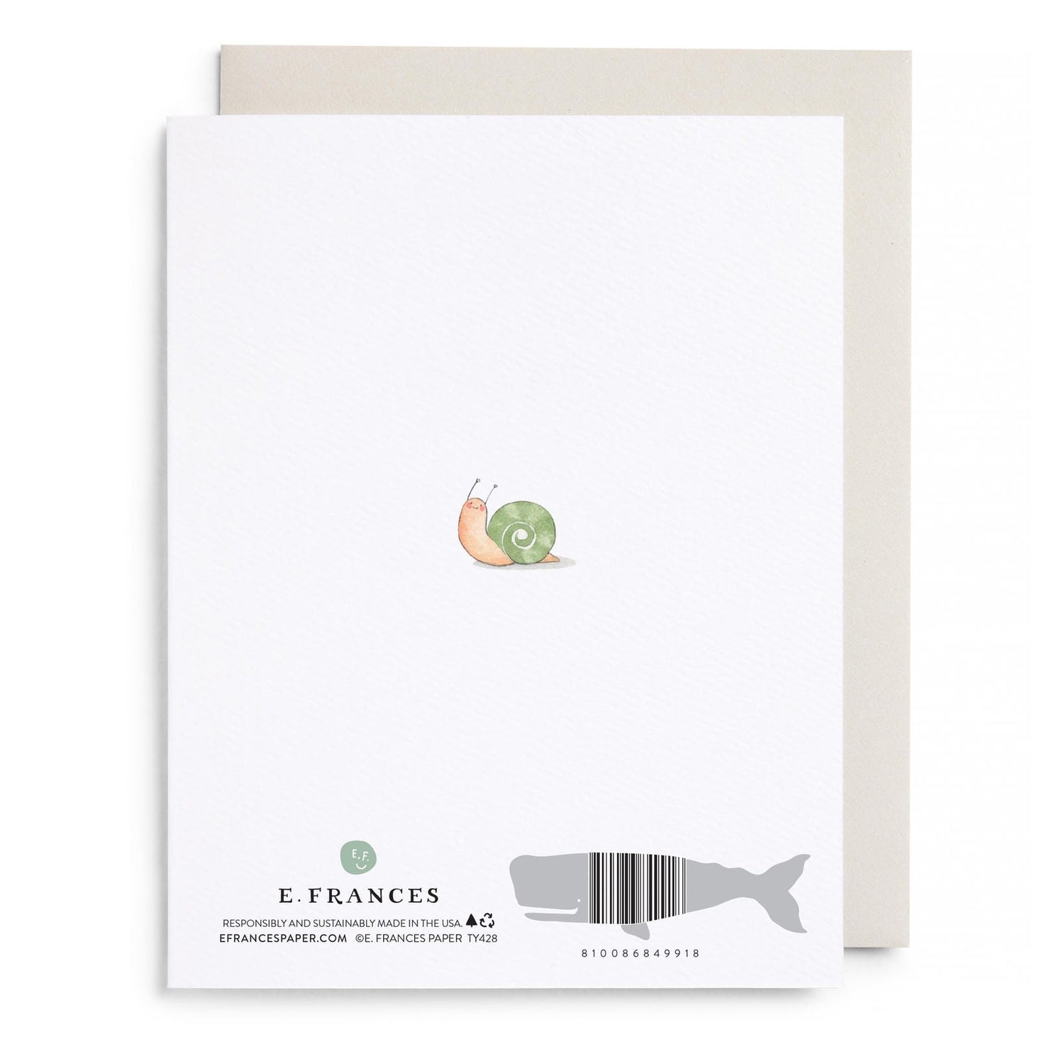 Greeting card with snail illustration and E. Frances branding on a white background.