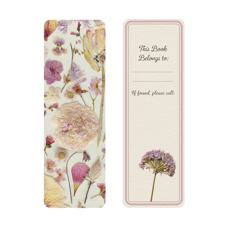 A floral bookmark with pressed flower design on one side and a place for personalization on the other. 