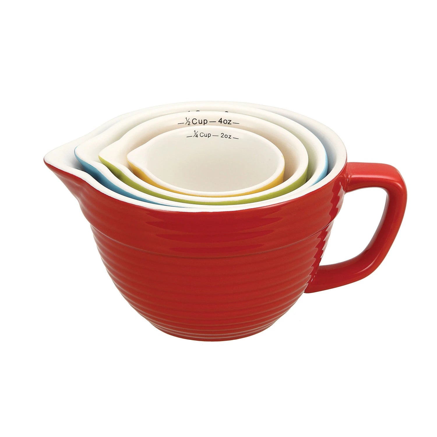 Set of colorful measuring cups nestled inside of each other on a white background.