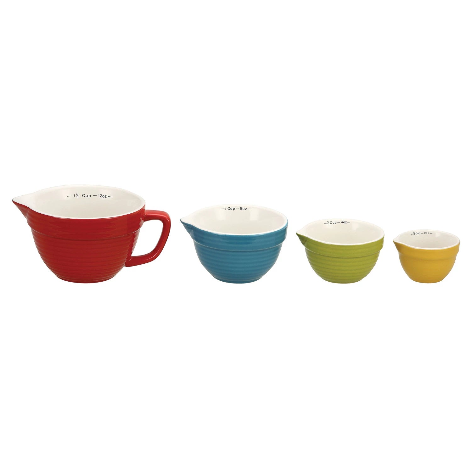 Set of four colorful measuring cups on a white background.