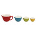 Set of four colorful measuring cups on a white background.