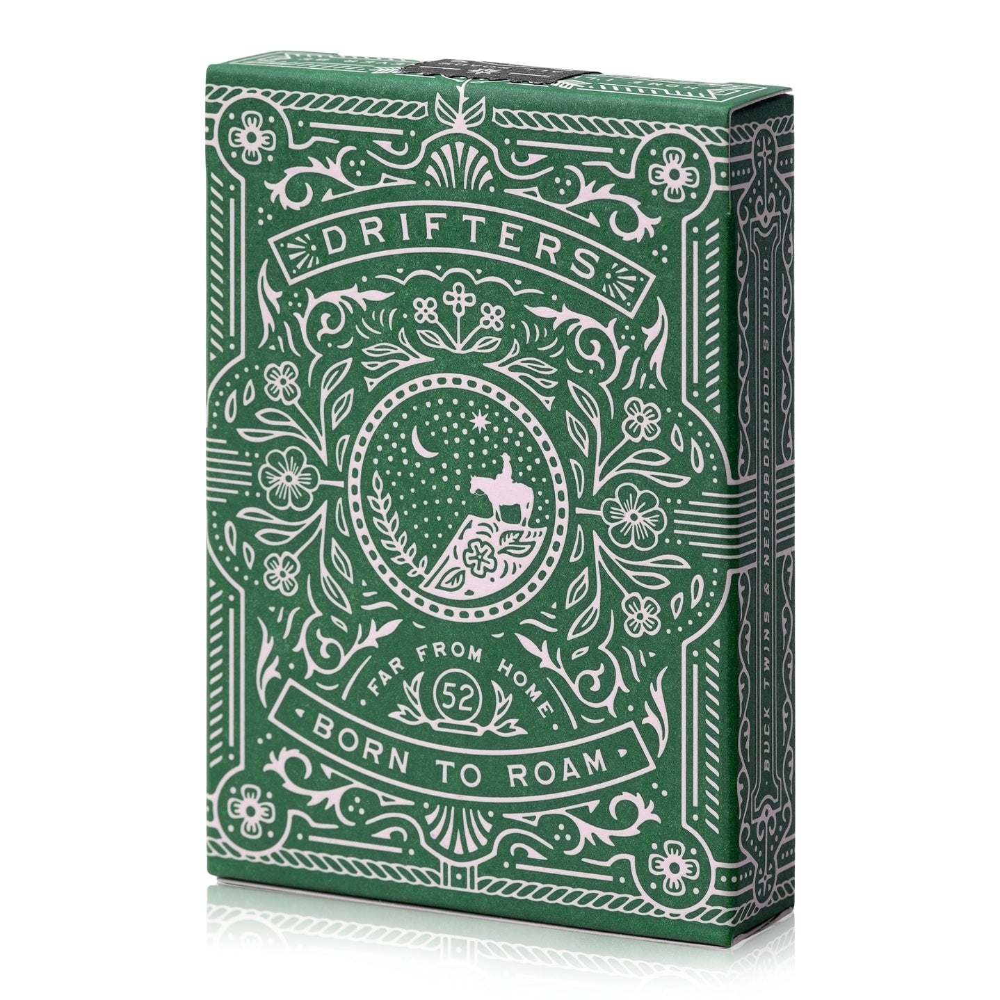 Green playing card box with decorative design and text on a white background