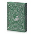 Green playing card box with decorative design and text on a white background