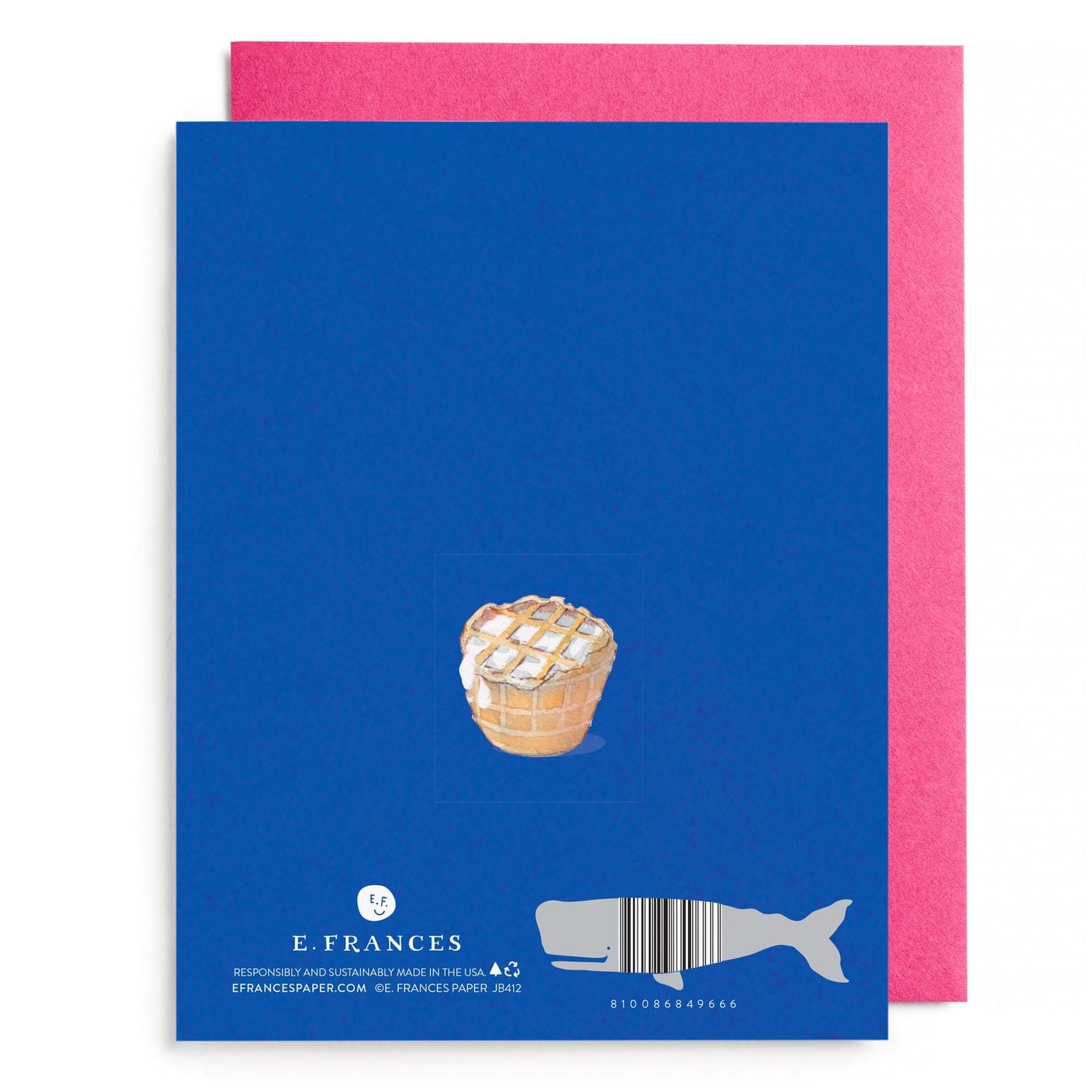 Blue card with the bottom of an ice cream cone illustration and pink envelope.
