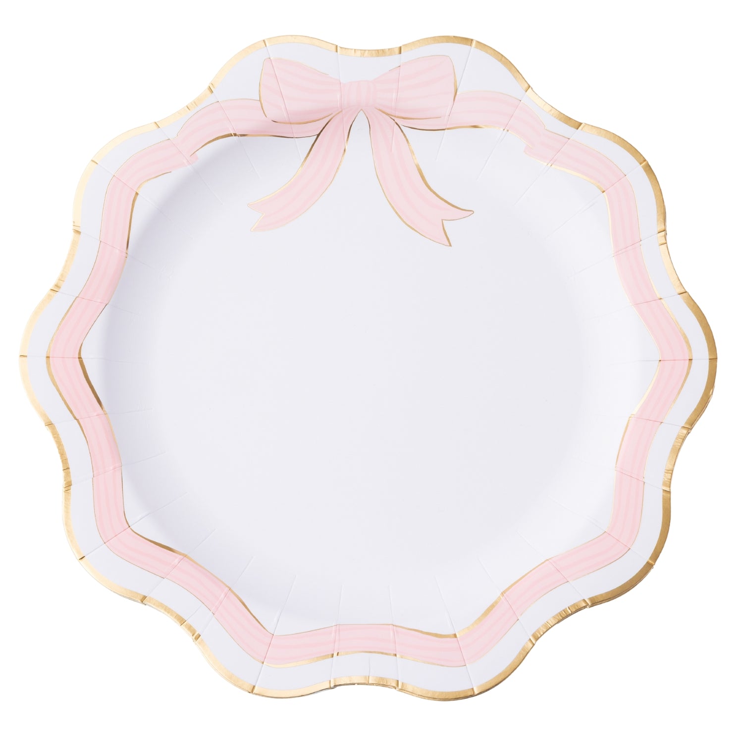 Decorative plate with pink bow and scalloped edge on a white background.