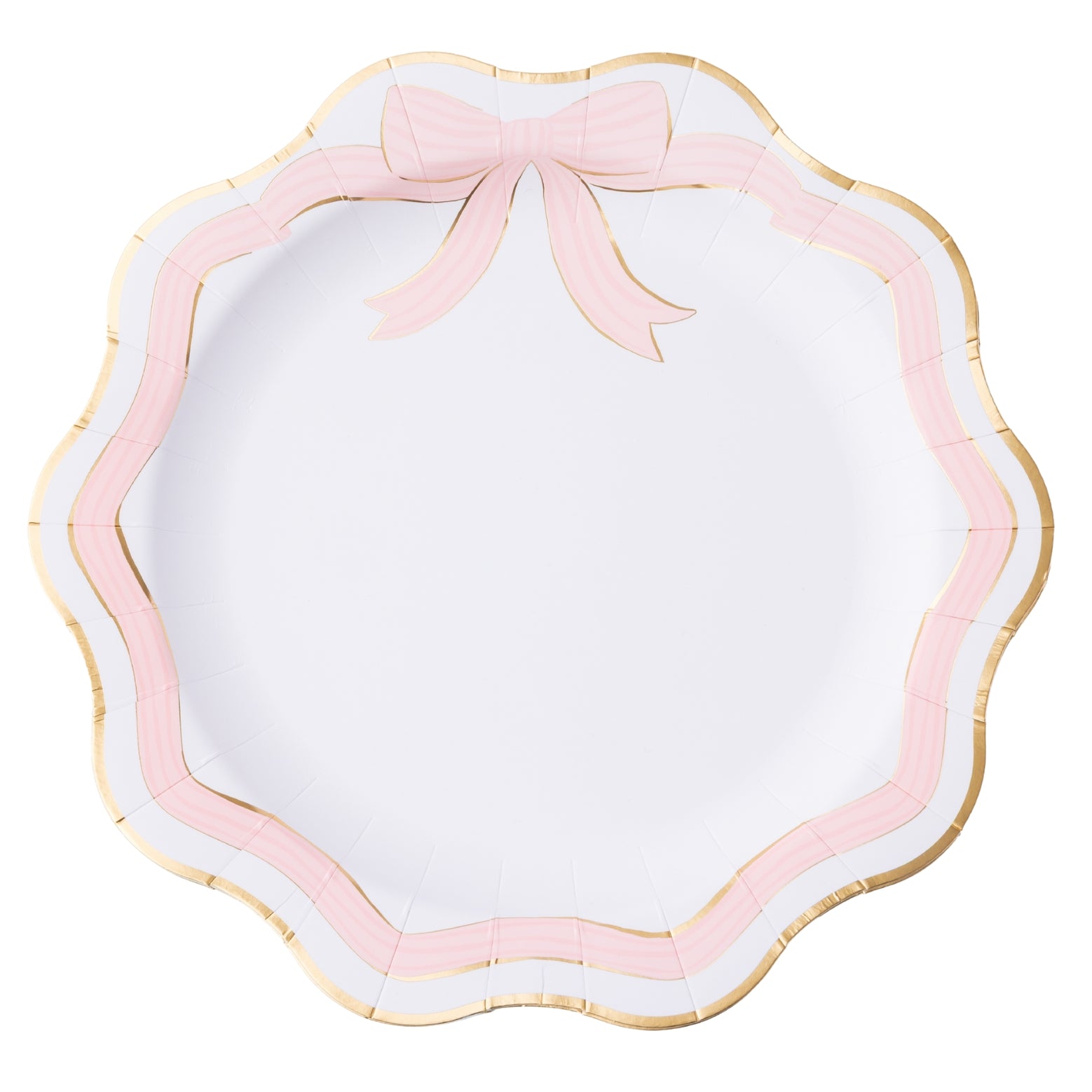 Decorative plate with pink bow and scalloped edge on a white background.