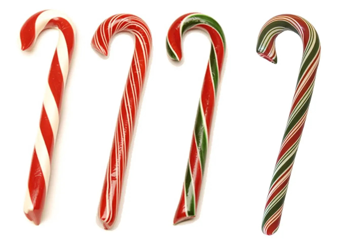 Four candy canes with red, white, and green stripes on a white background