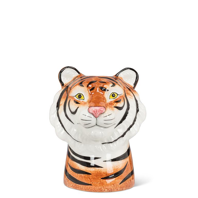 Ceramic tiger head on a white background.
