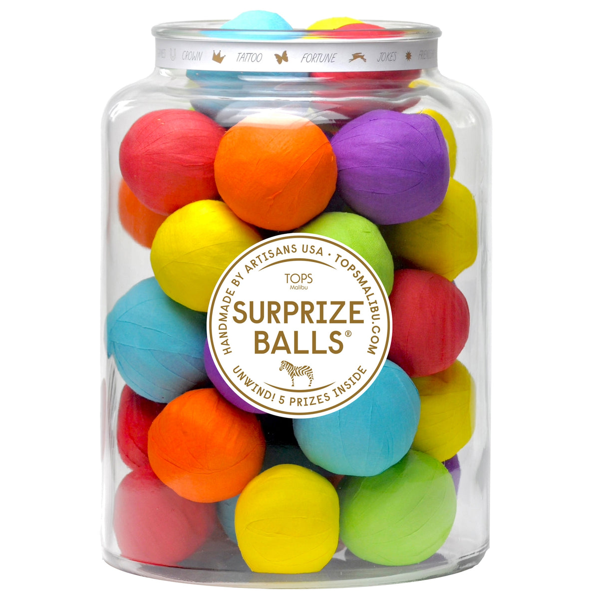 A clear glass jar filled with multicolored miniature surprise balls, each a different color, with a label on the jar reading &