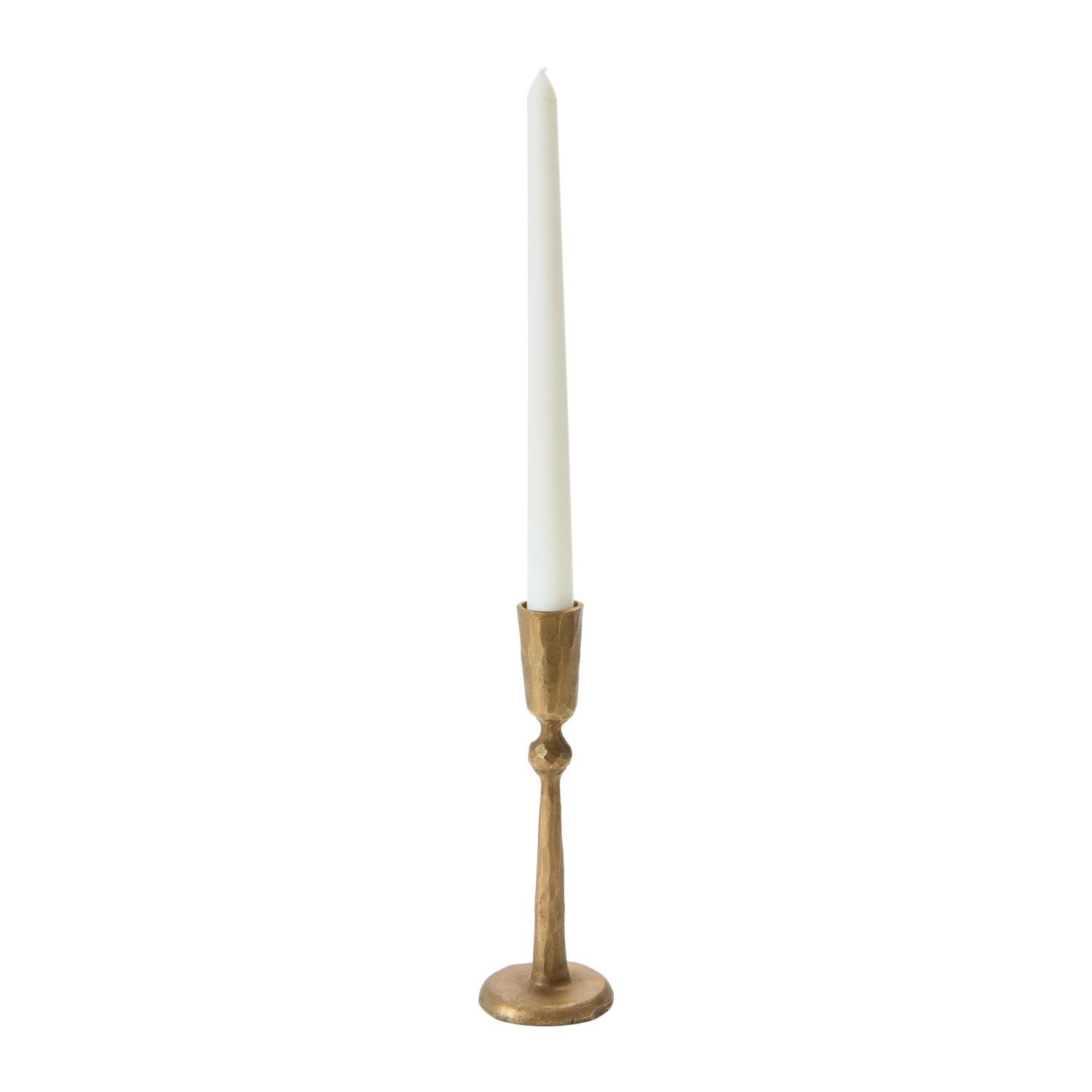 Classic Hand-Forged Metal Taper Holder with Antique Finish created by Creative Co-op with a taper candle in it.