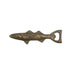 Bronze fish-shaped bottle opener on a white background.