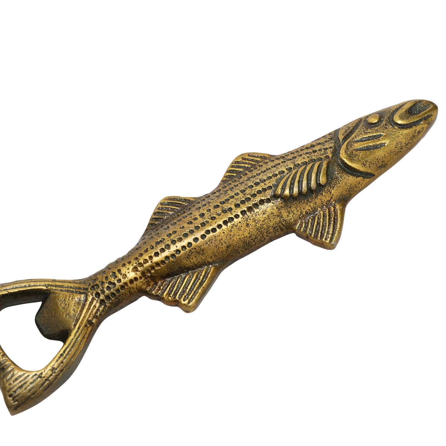 Bronze fish-shaped bottle opener on a white background.