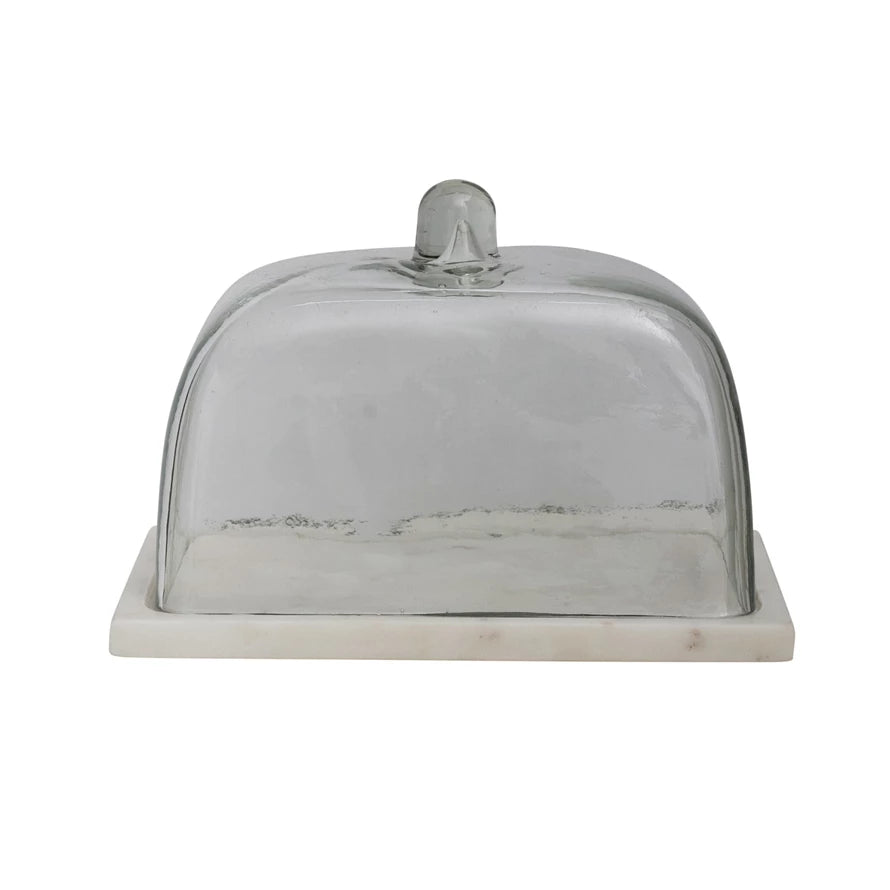 Glass Cloche with White Marble Base with knob top. 