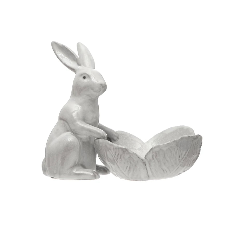 Stoneware Rabbit with Flower Shaped Bowl