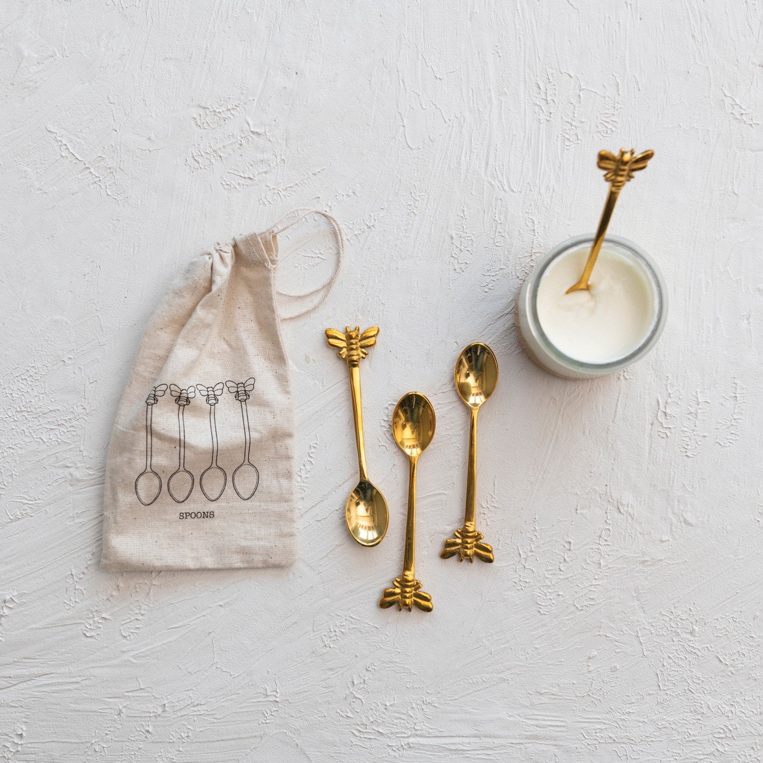 Brass Bee Spoons, Set of 4 in Printed Drawstring Bag