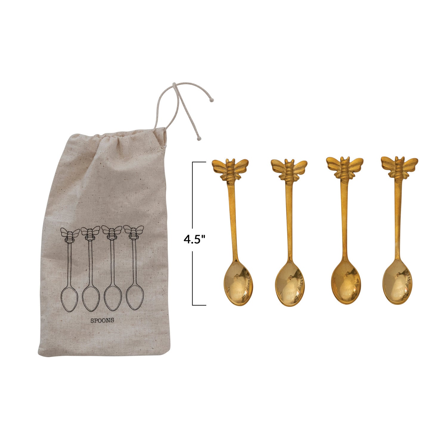 Brass Bee Spoons, Set of 4 in Printed Drawstring Bag