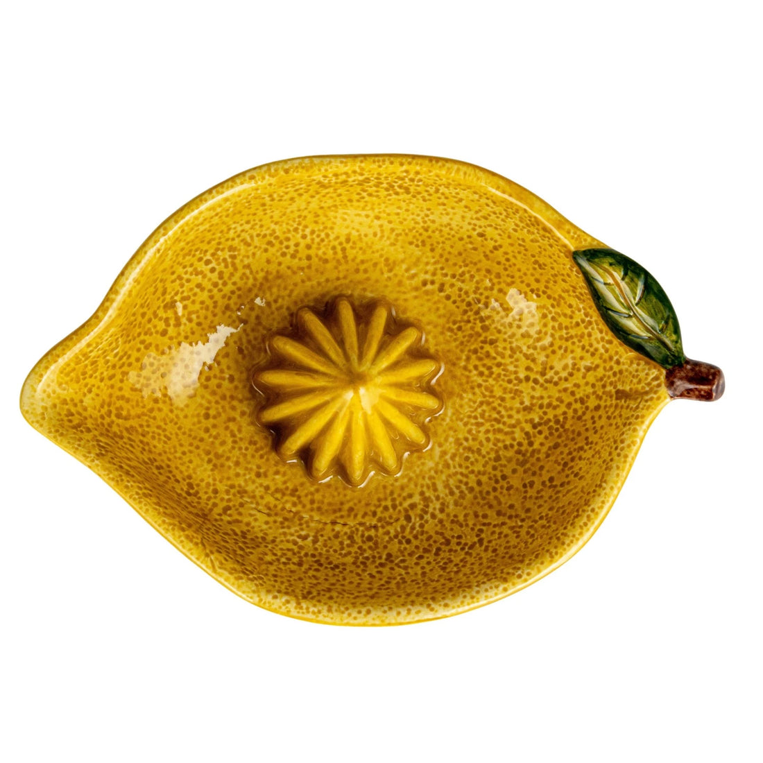 Yellow ceramic lemon-shaped juicer on a white background.