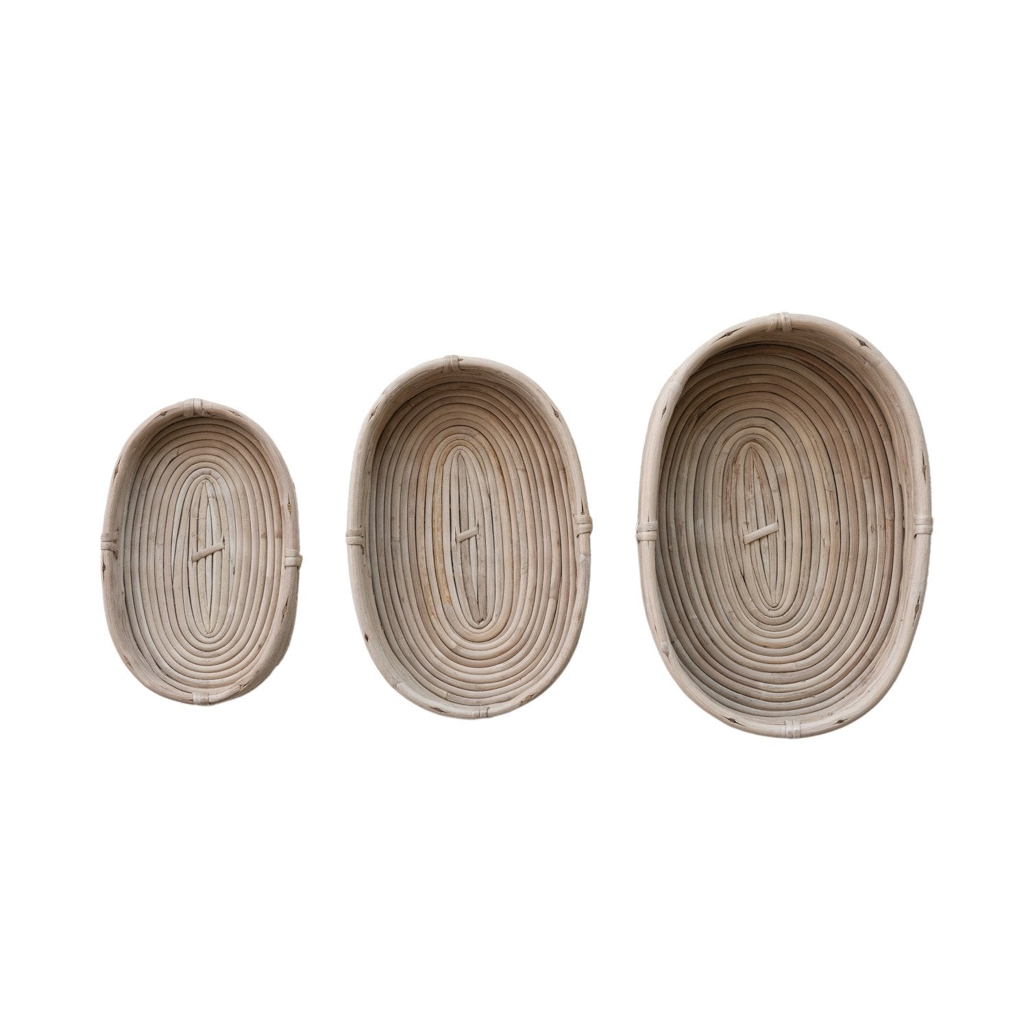 Three woven baskets of different sizes on a white background