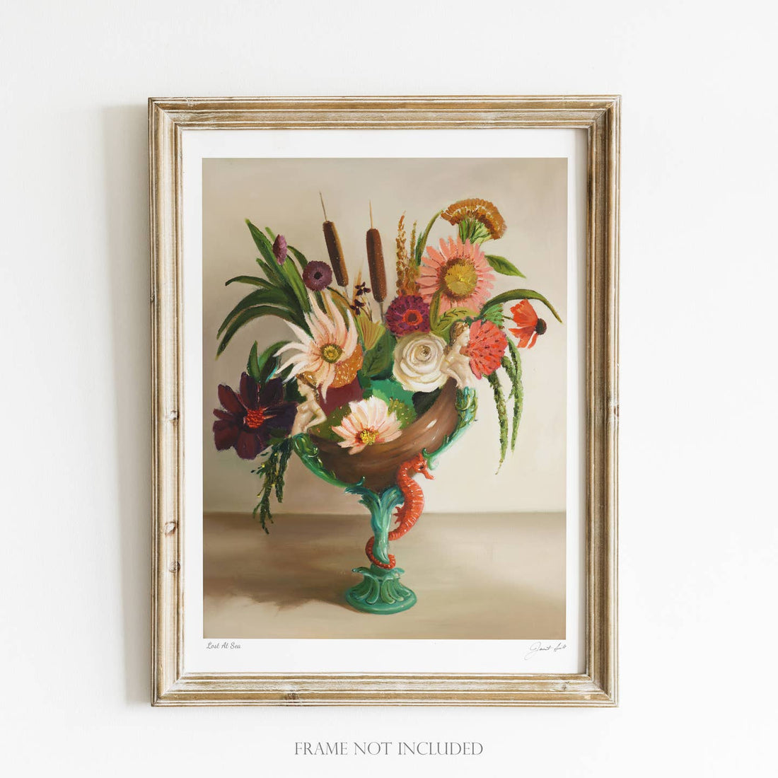 Artwork by Janet Hill depicting a vase with various flowers in it. 