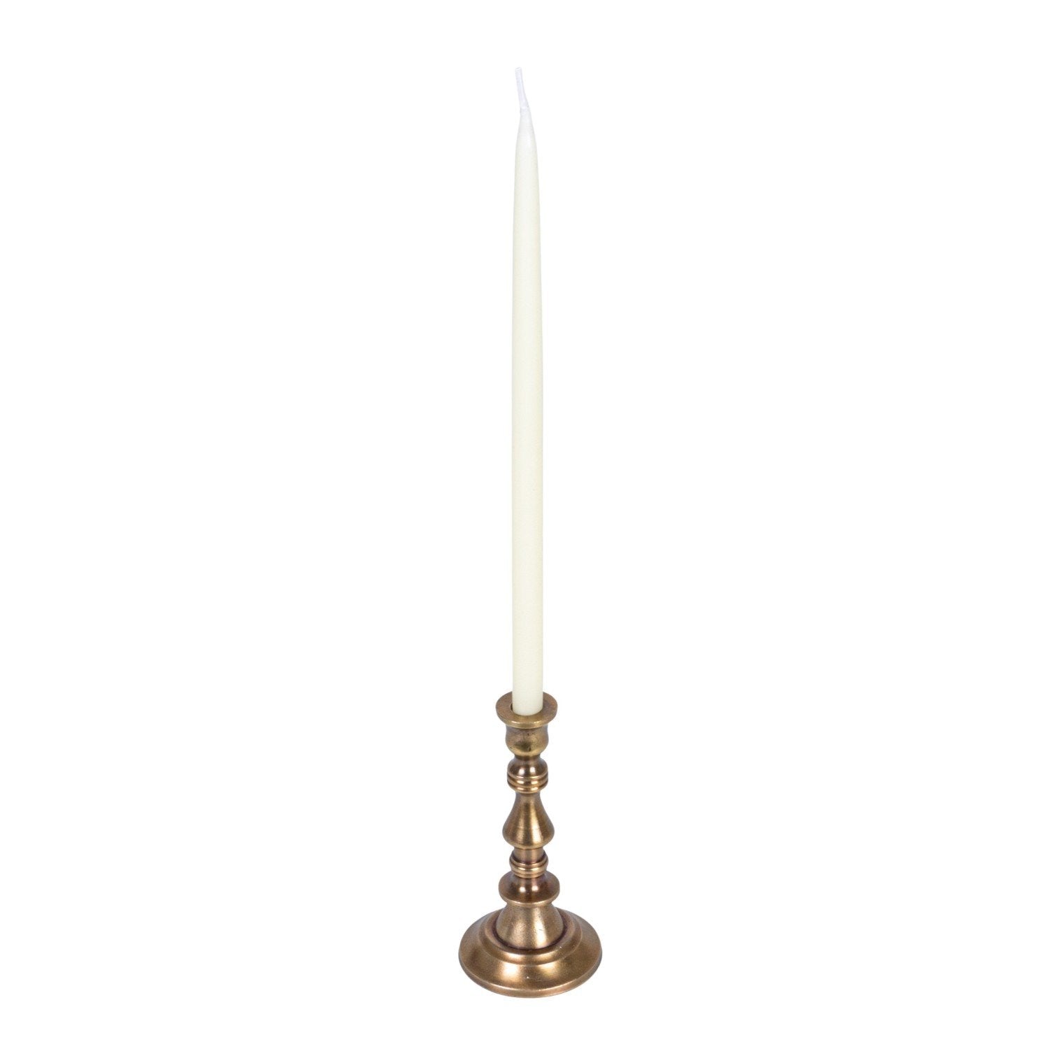 Bronze candle holder with a white candle on a white background.