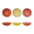Six ceramic bowls shaped like sliced grapefruits on a white background.