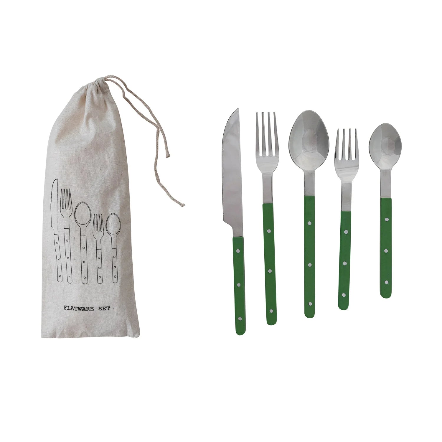 Stainless Steel Flatware Set with Green Handles