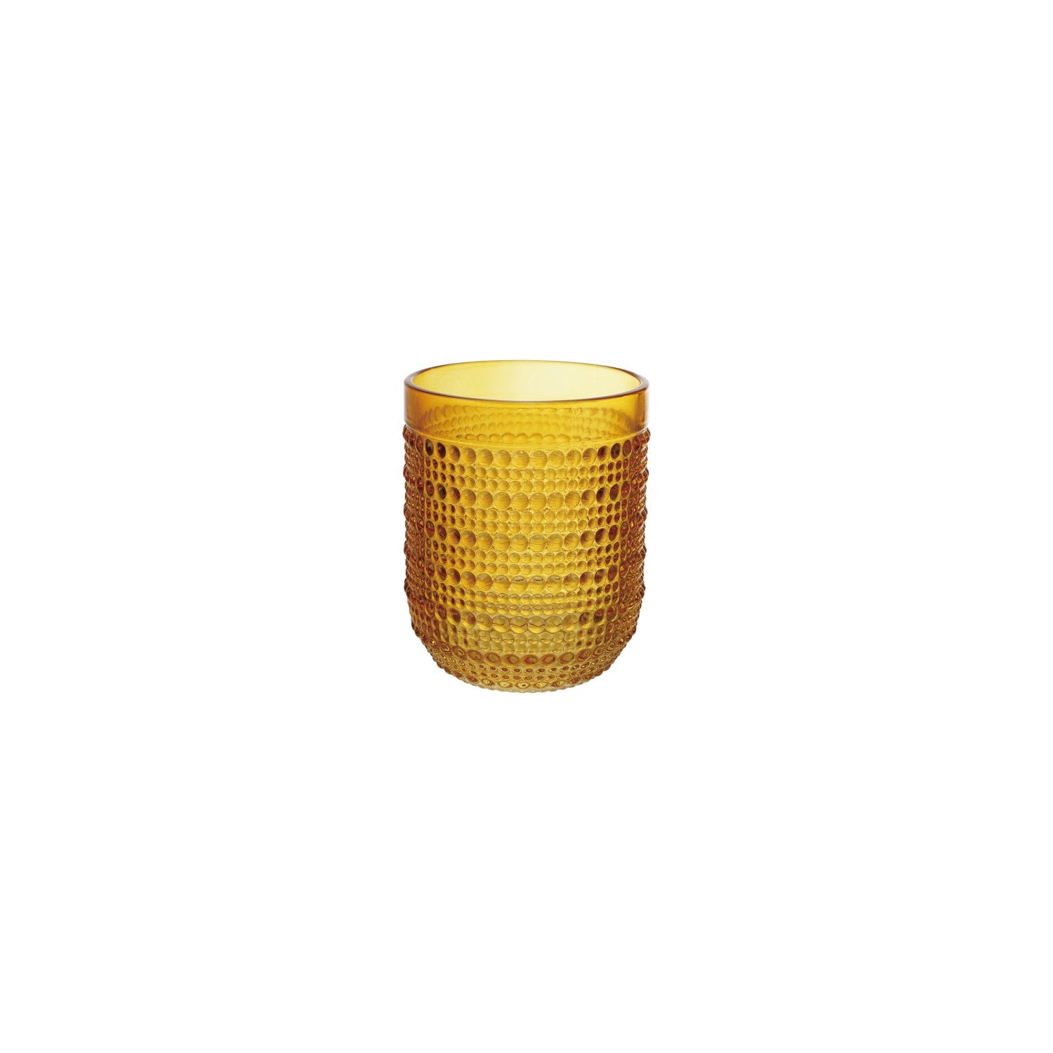 Yellow textured glass tumbler on a white background