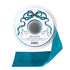 A spool of deep teal satin ribbon by Hester & Cook on a white background. 
