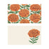 Two illustrated note card designs on a cream background. The top card features an all-over, repeating pattern of large, ruffled orange marigold flowers with deep green foliage. The bottom card has a clean layout featuring a single, detailed orange marigold flower on its green stem placed on the right-hand side, leaving the remaining space blank.