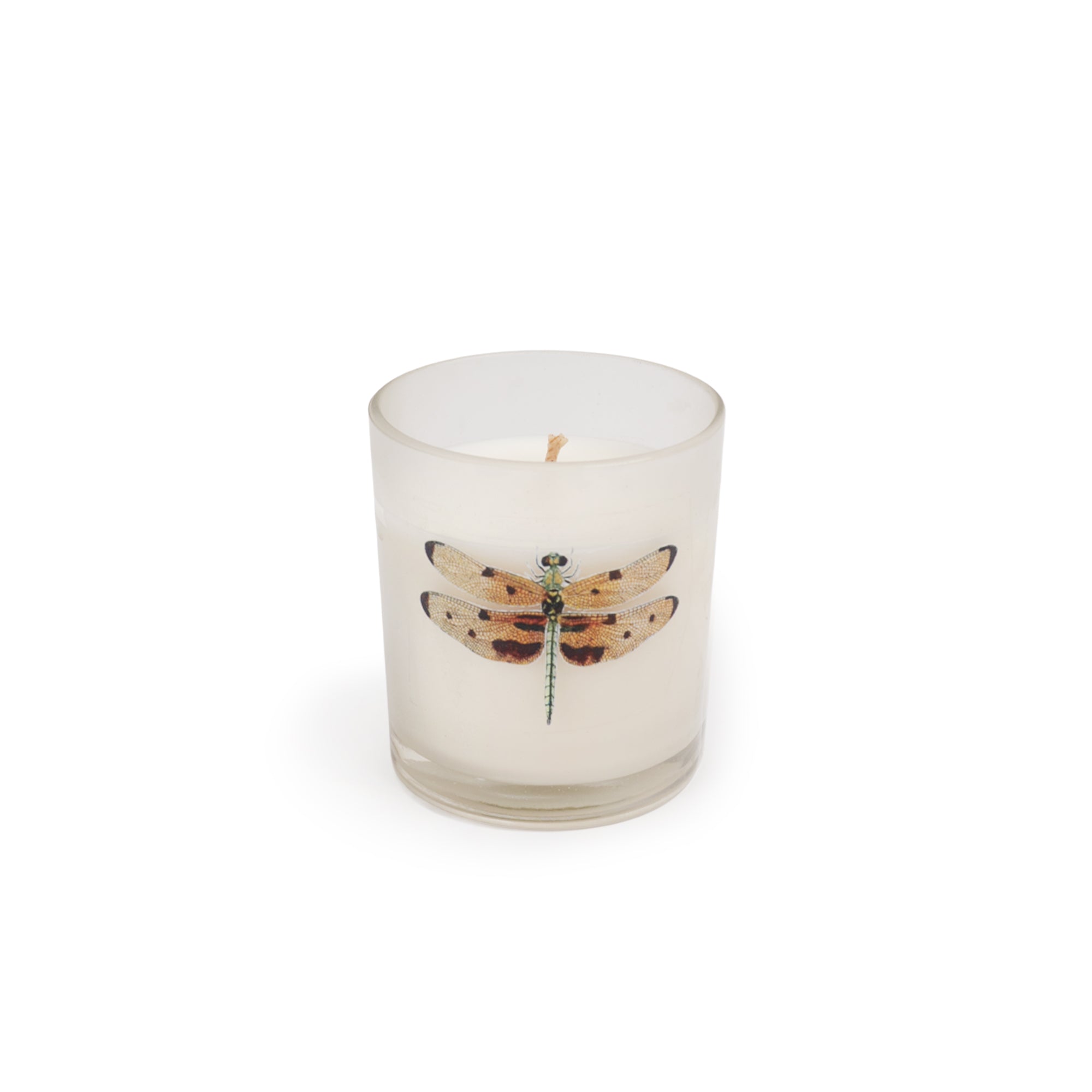 Clear glass candle with a dragonfly design on a white background.