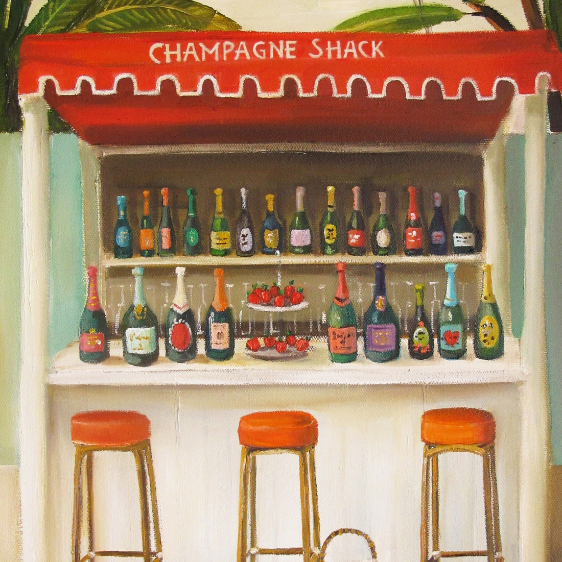 A painting by Janet Hill, a Canadian fine artist, of a bar with stools and bottles, created using archival inks.