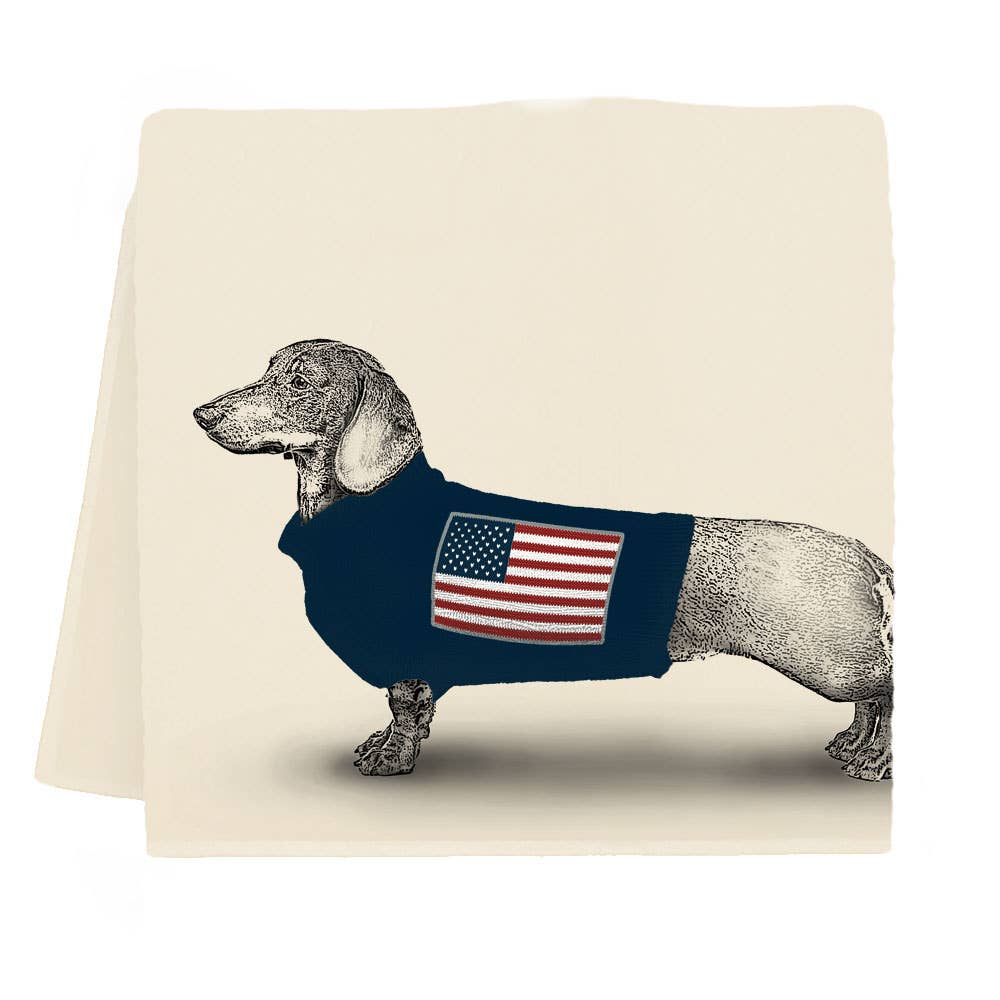 Illustration of a dachshund wearing a sweater with an American flag on a beige background.