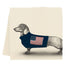 Illustration of a dachshund wearing a sweater with an American flag on a beige background.