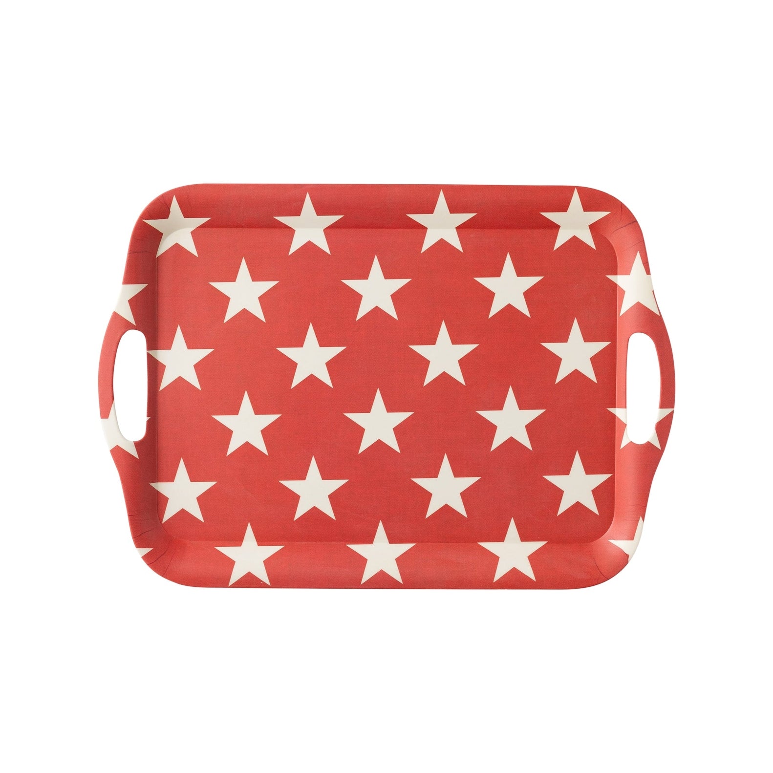 16.5&quot; 11.5&quot; red with white stars reusable bamboo tray on white background.