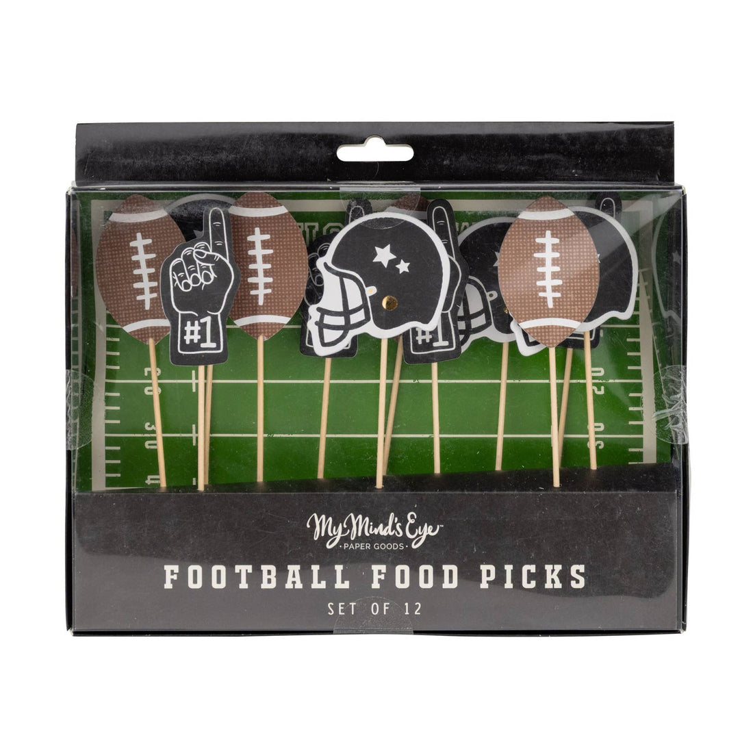 Set of football themed food picks in packaging. 