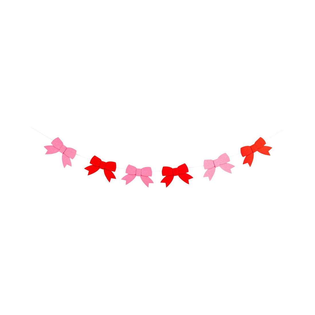 Decorative string of pink and red bows on a white background.