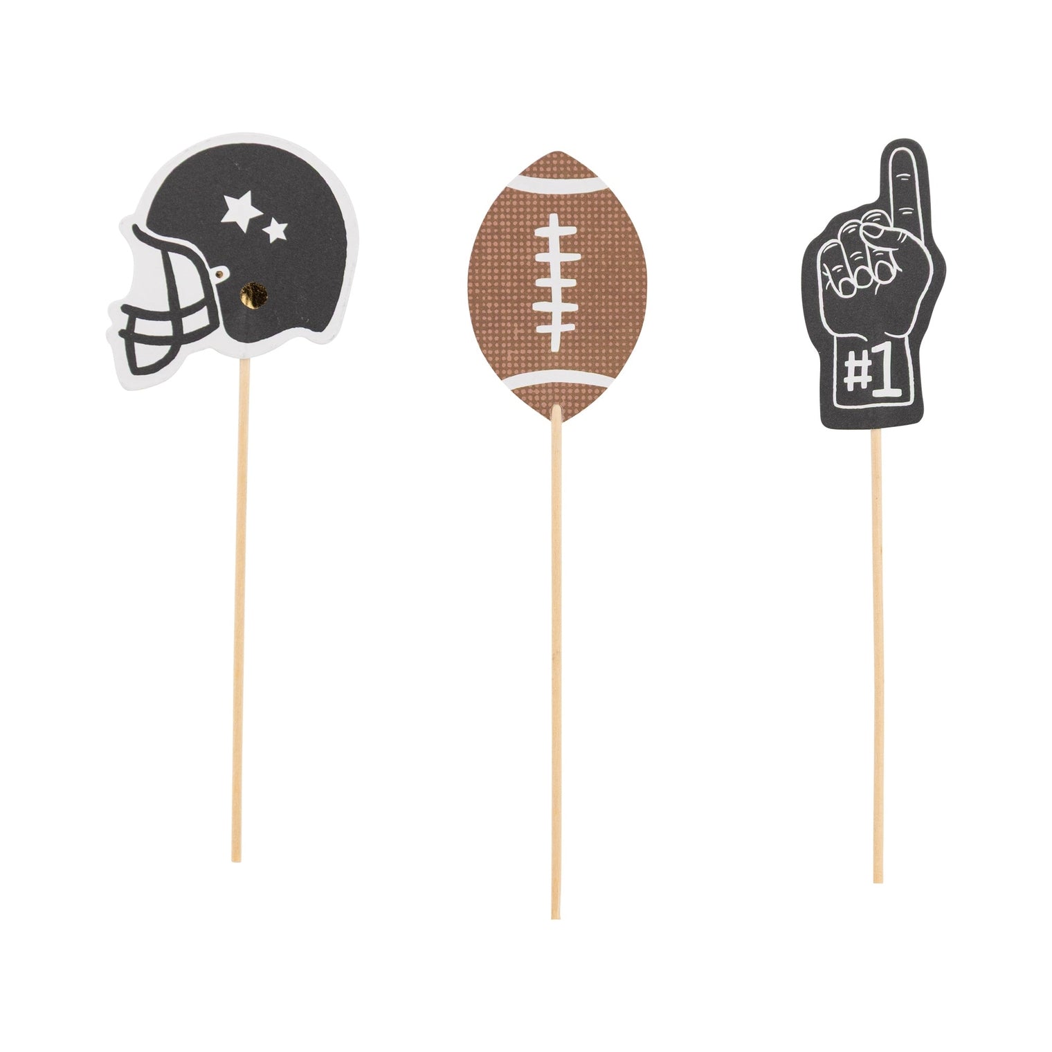 Three themed food picks: a football helmet, football, and number one foam finger.