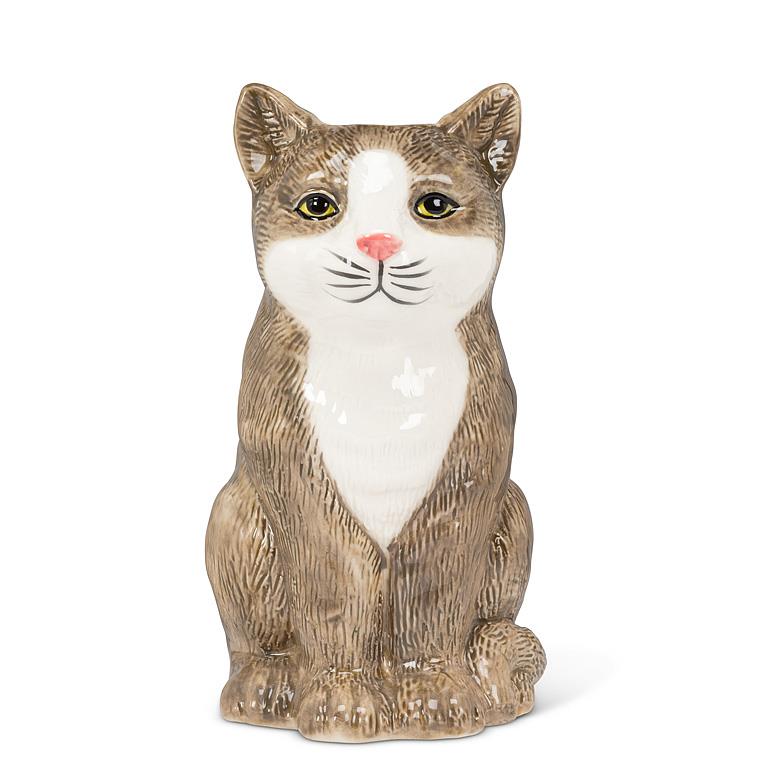 Cat-shaped ceramic jar with brown and white pattern on a white background