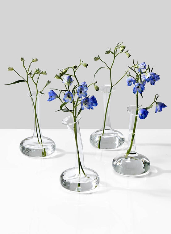 Set of four clear glass vases with blue flowers on a white background.