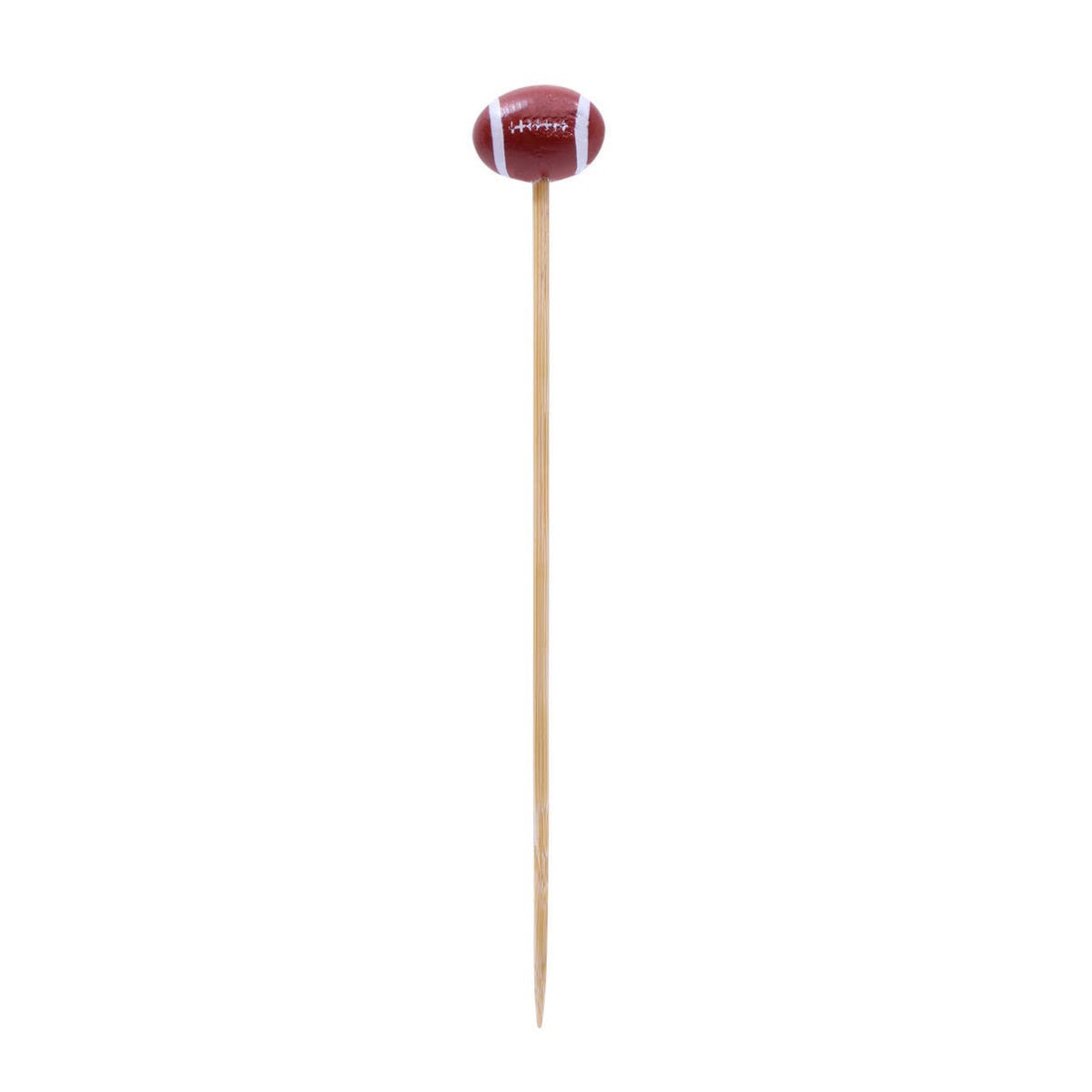 Wooden skewer with a football-shaped top on a white background.