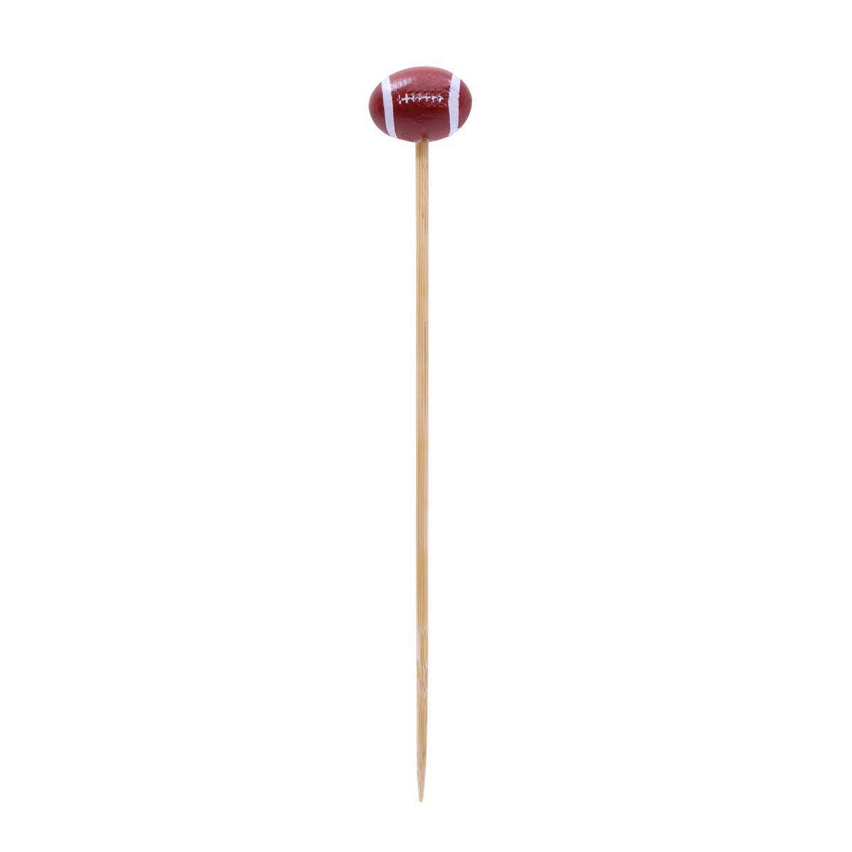 Wooden skewer with a football-shaped top on a white background.