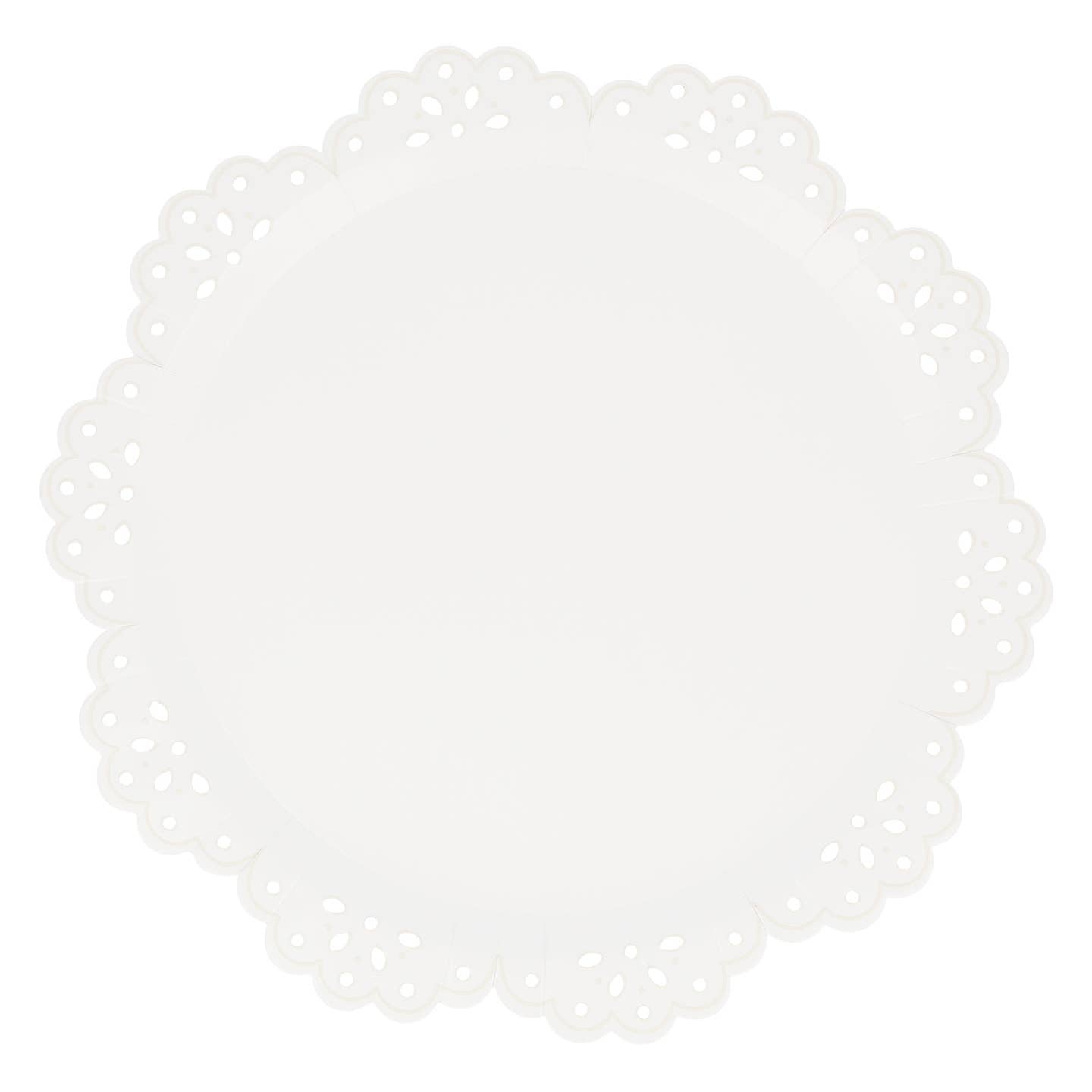 White lace doily style paper plate on a white background