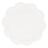 White lace doily style paper plate on a white background