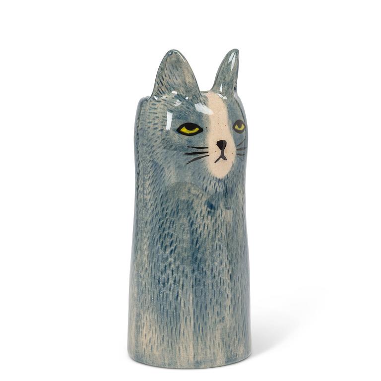 Cat-shaped ceramic vase on a white background