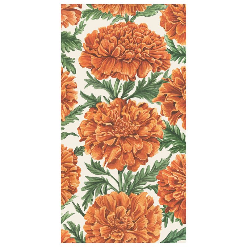 A rectangular paper guest napkin featuring an illustrated pattern of orange marigold flowers with green leaves on a light background.