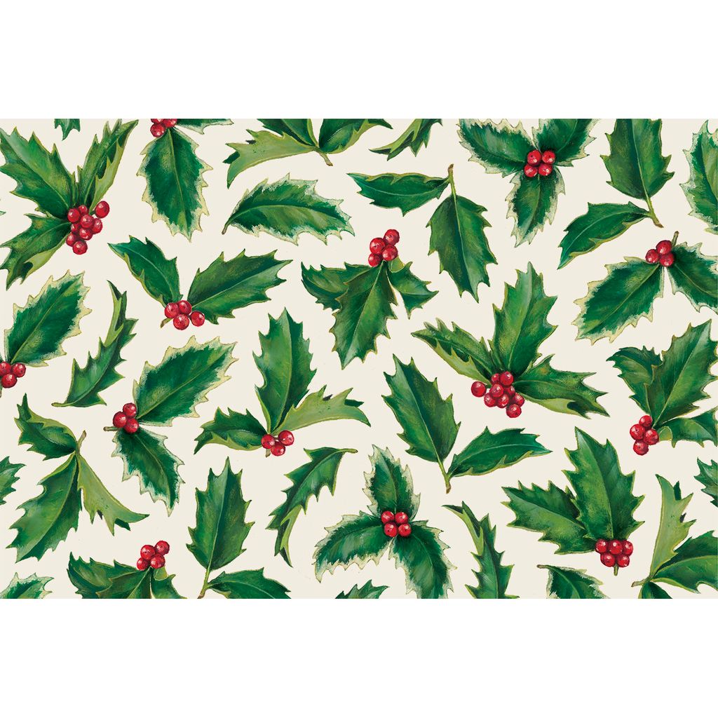 Pattern of green holly leaves and red berries on a white background