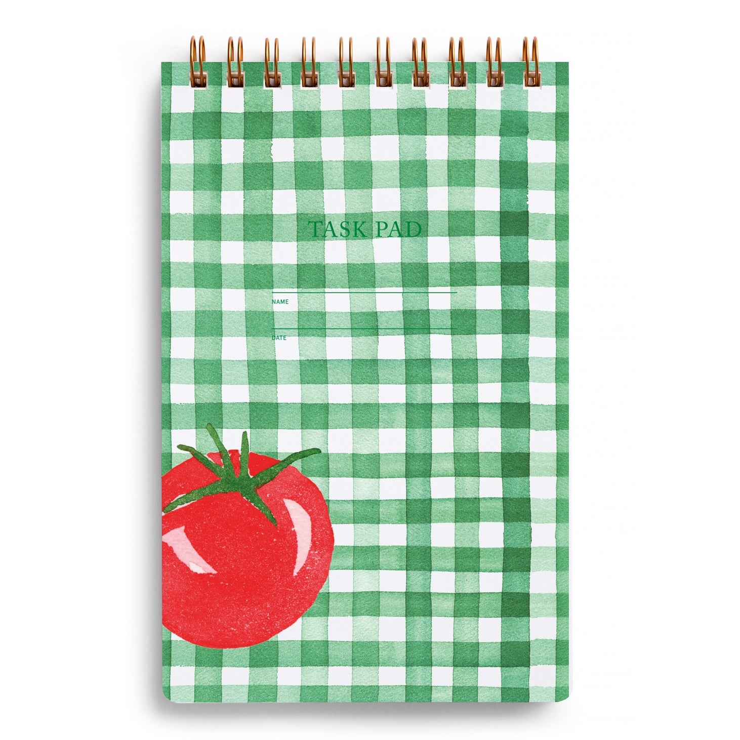 Green checkered task pad with a tomato illustration on a white background.