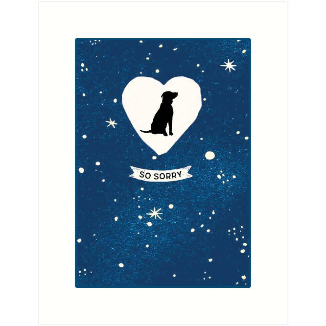 A Lucca Paperworks Dog Sympathy Greeting Card with a silhouette of a dog inside a heart against a starry night background, printed on FSC-certified card stock, captioned with &quot;so sorry&quot;.