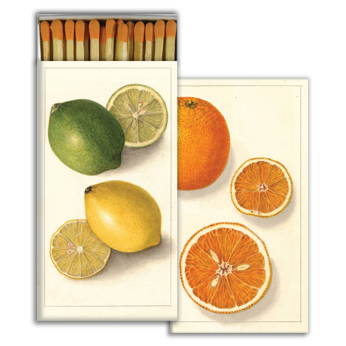 Box of matches with orange tips in a box with illustrations of orange, lemon and limes.  