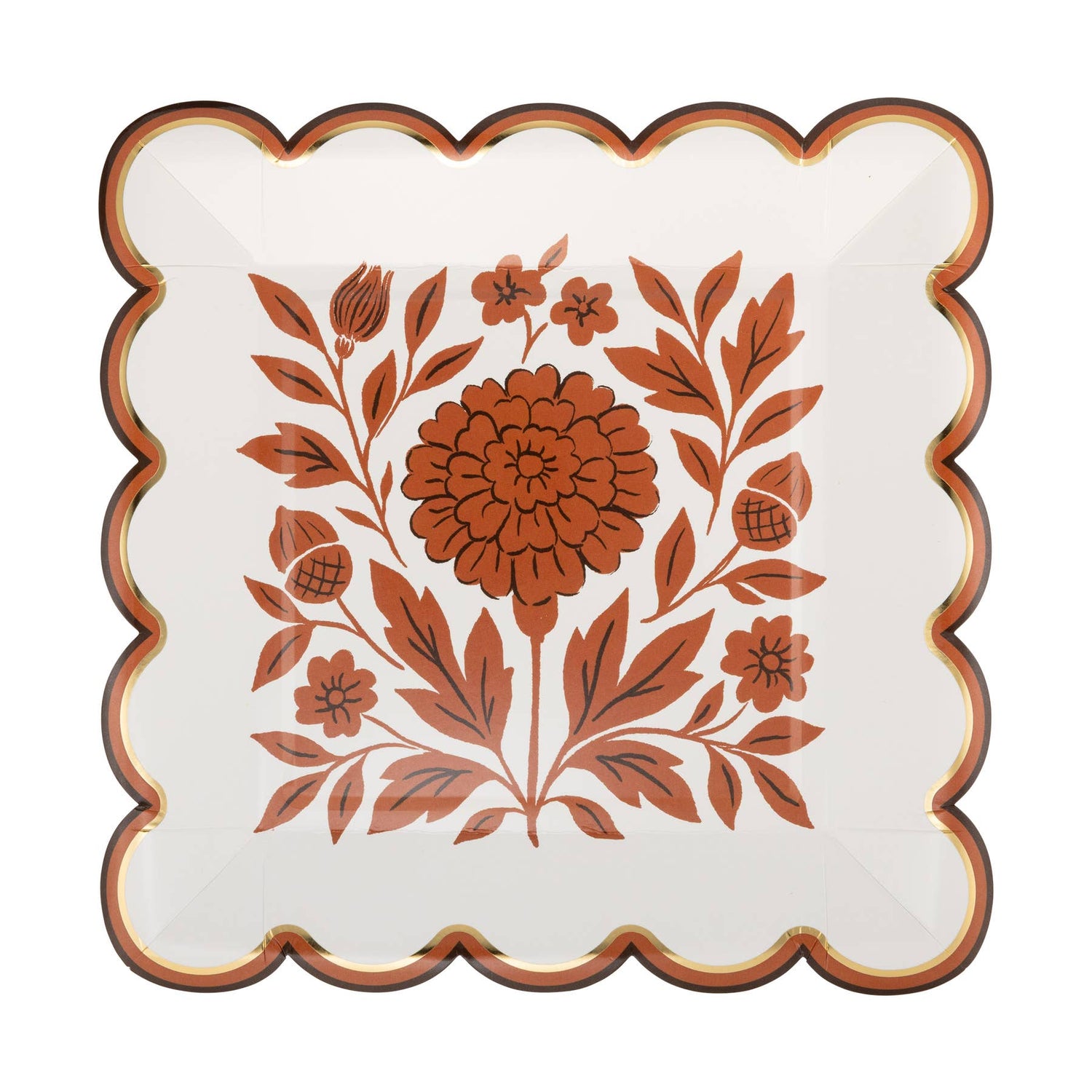 A square paper plate with scalloped edges, featuring a central floral pattern in terracotta brown on an off-white background, with a thin gold-toned border.